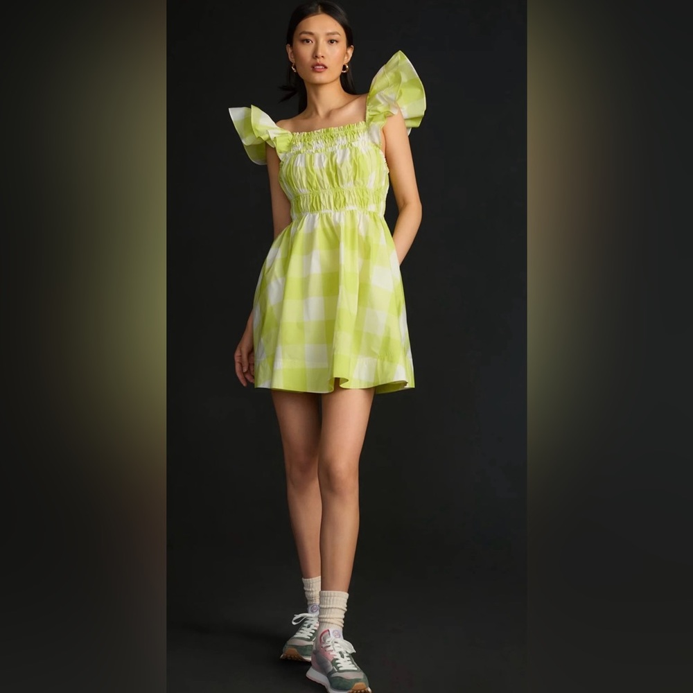 Anthropologie Maeve Square-Neck Flutter-Sleeve Shirred Dress